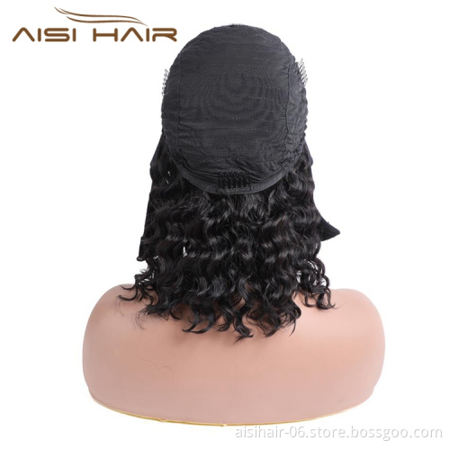 Brazillian Short Water Wave Bob Human Hair Wigs With Headband Curly for Black Women Pixie Cut Wig Black Color Wholesale Price